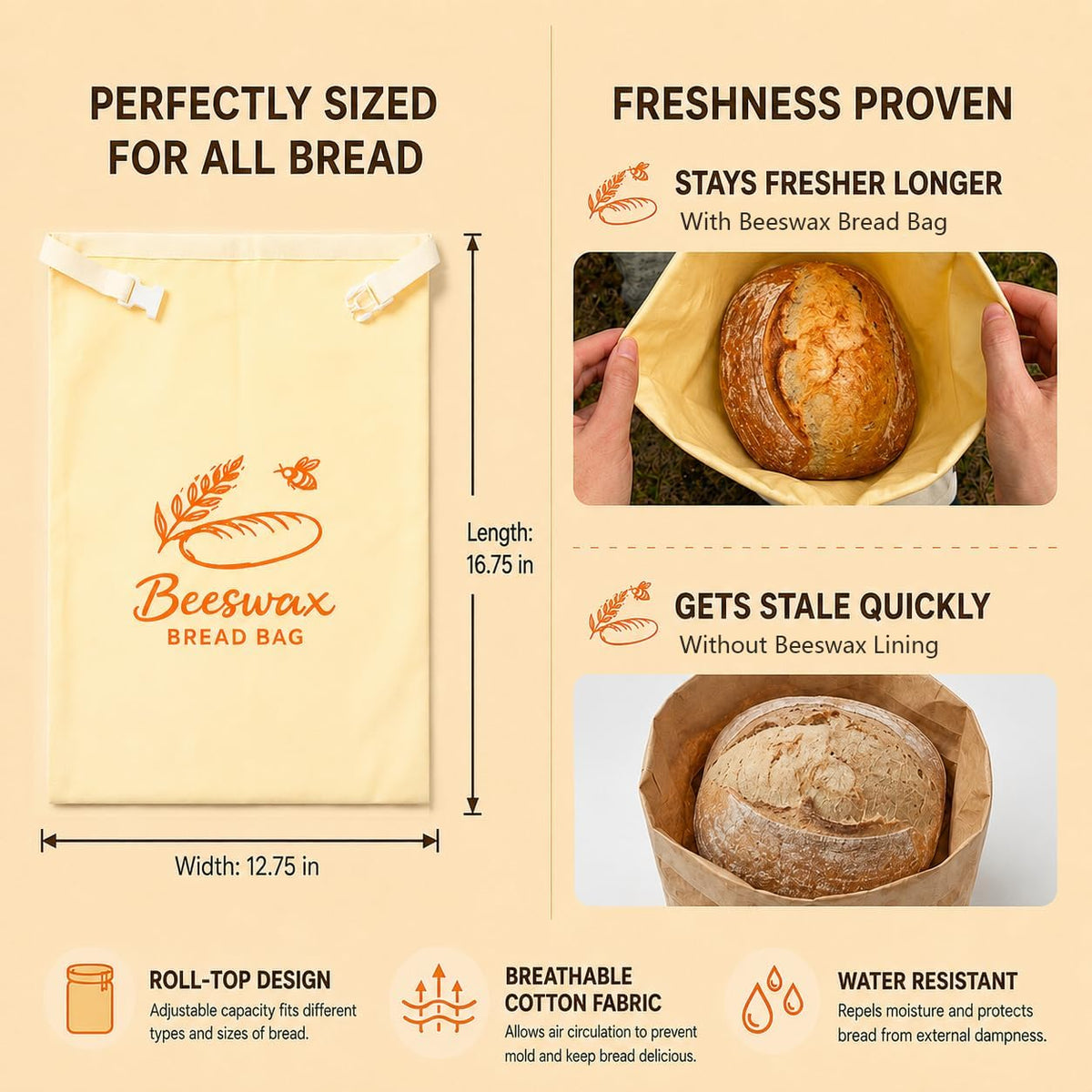 2 Pack Beeswax Bread Bags for Homemade Bread & Sourdough