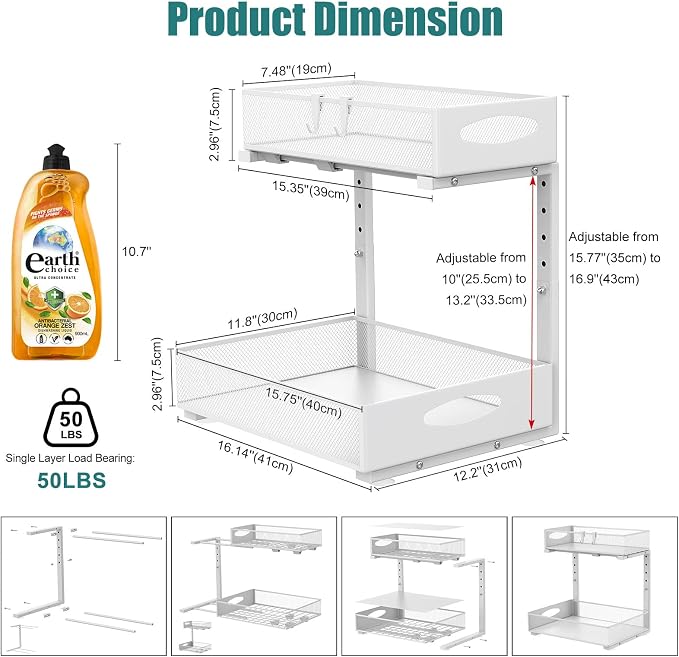 Housolution 2 Pack Large Under Sink Organizer, 2 Tier Metal Pull Out Under Sink - Image 6