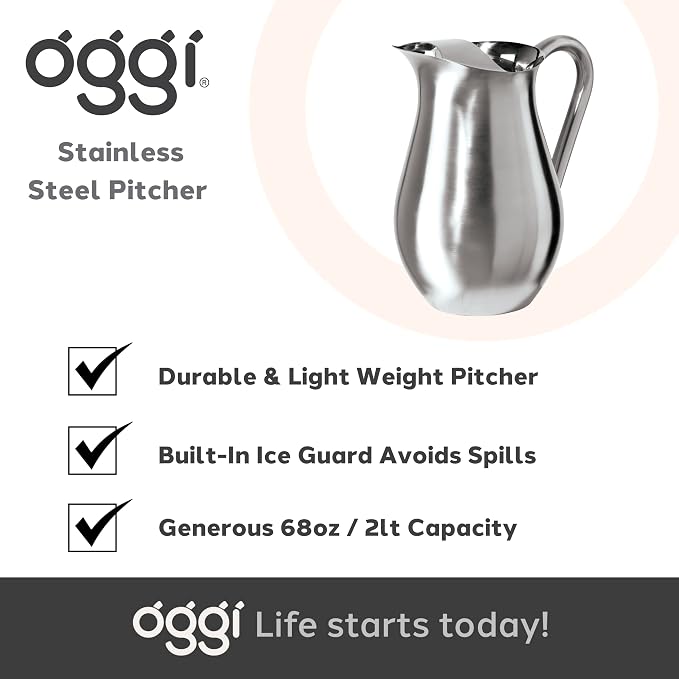 OGGI Stainless Steel Pitcher- Stainless Steel Water w/Ice Guard, Water Carafe - Image 7