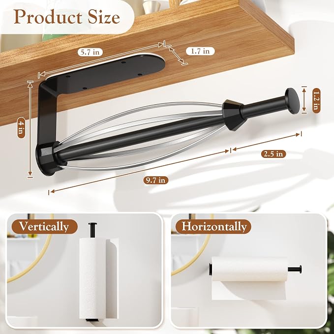 3 Pack Paper Towel Holder Under Cabinet + 2 Towel Robe Hooks, Single Hand - Image 4