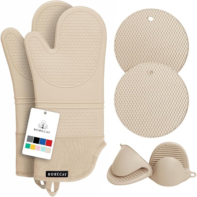 Rorecay Oven Mitts and Pot Holders Sets 6pcs, Extra Long Kitchen Silicone Oven by Rorecay