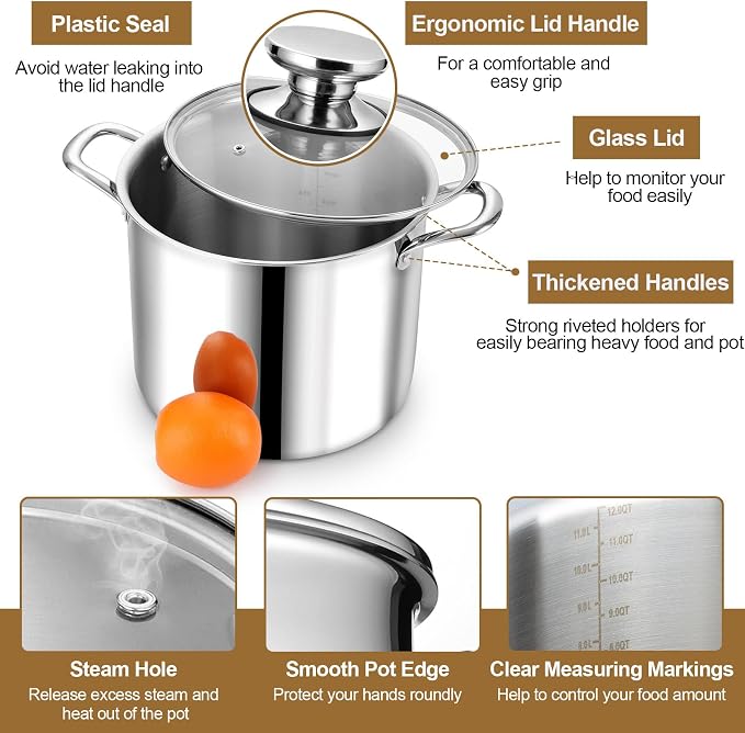 P&P CHEF 12 Quart Tri-Ply Stainless Steel Stockpot, Stock Pot - Image 3