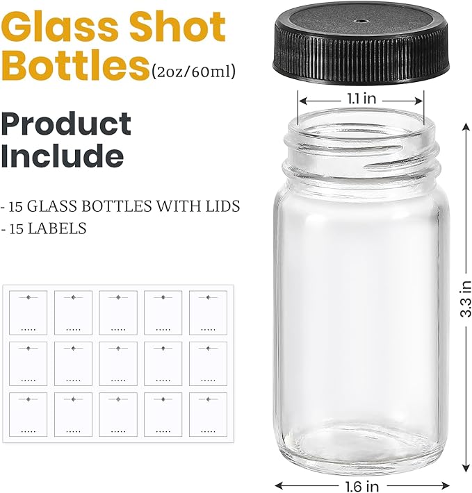 LANDNEOO 15 Pack 2 oz Glass Shot Mini Bottles w/Black Lids & 15 Labels - Image 2