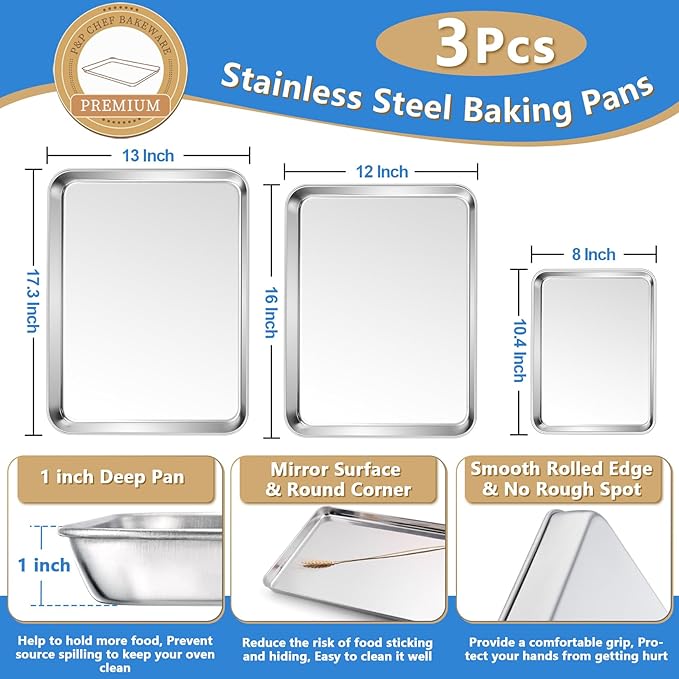 P&P CHEF 17.5 + 16 + 10.4 Inch Baking Sheet and Rack Set, Stainless Steel - Image 2