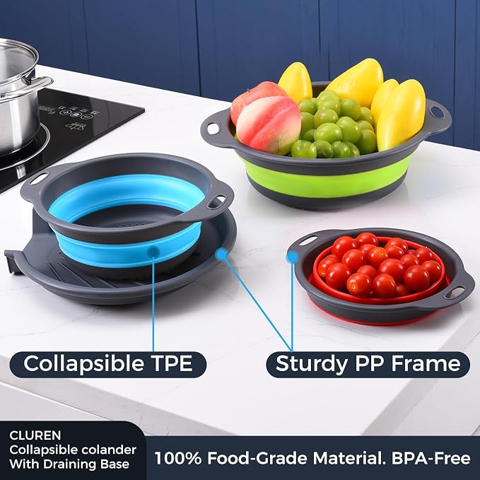Collapsible Colander Set with Oversized Draining Tray | 3-Pack Foldable Kitchen - Image 5
