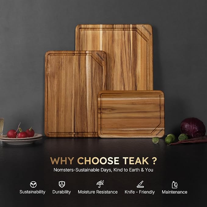 3 Pack Teak Wood Cutting Board Set Non Slip Over Sink Charcuterie Board Serving - Image 3