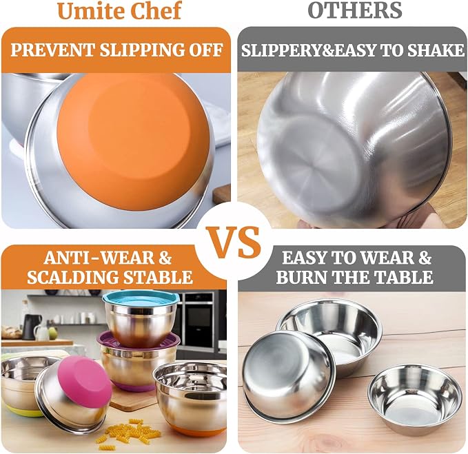 Umite Chef Mixing Bowls with Airtight Lids, 6 Piece Stainless Steel Metal Bowls - Image 2