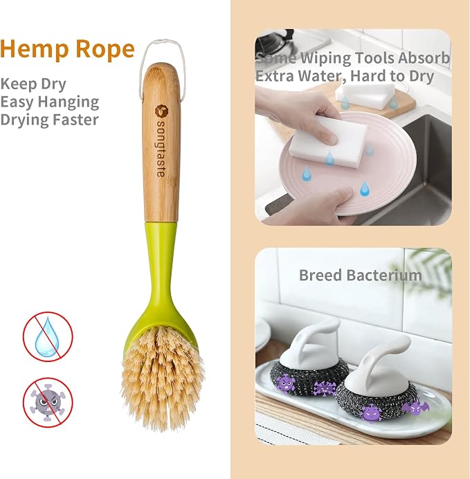 2 Pack Kitchen Dish Brush Bamboo Handle Dish Scrubber Built-in Scraper - Image 2