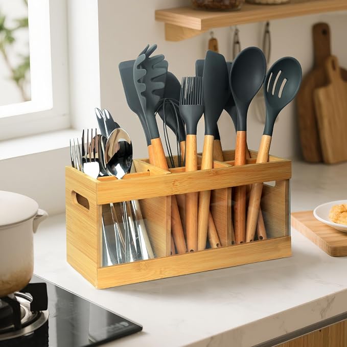 Kitchen Utensil Holder for Counter Extra Large Bamboo Wooden Utensil Organizer - Image 6