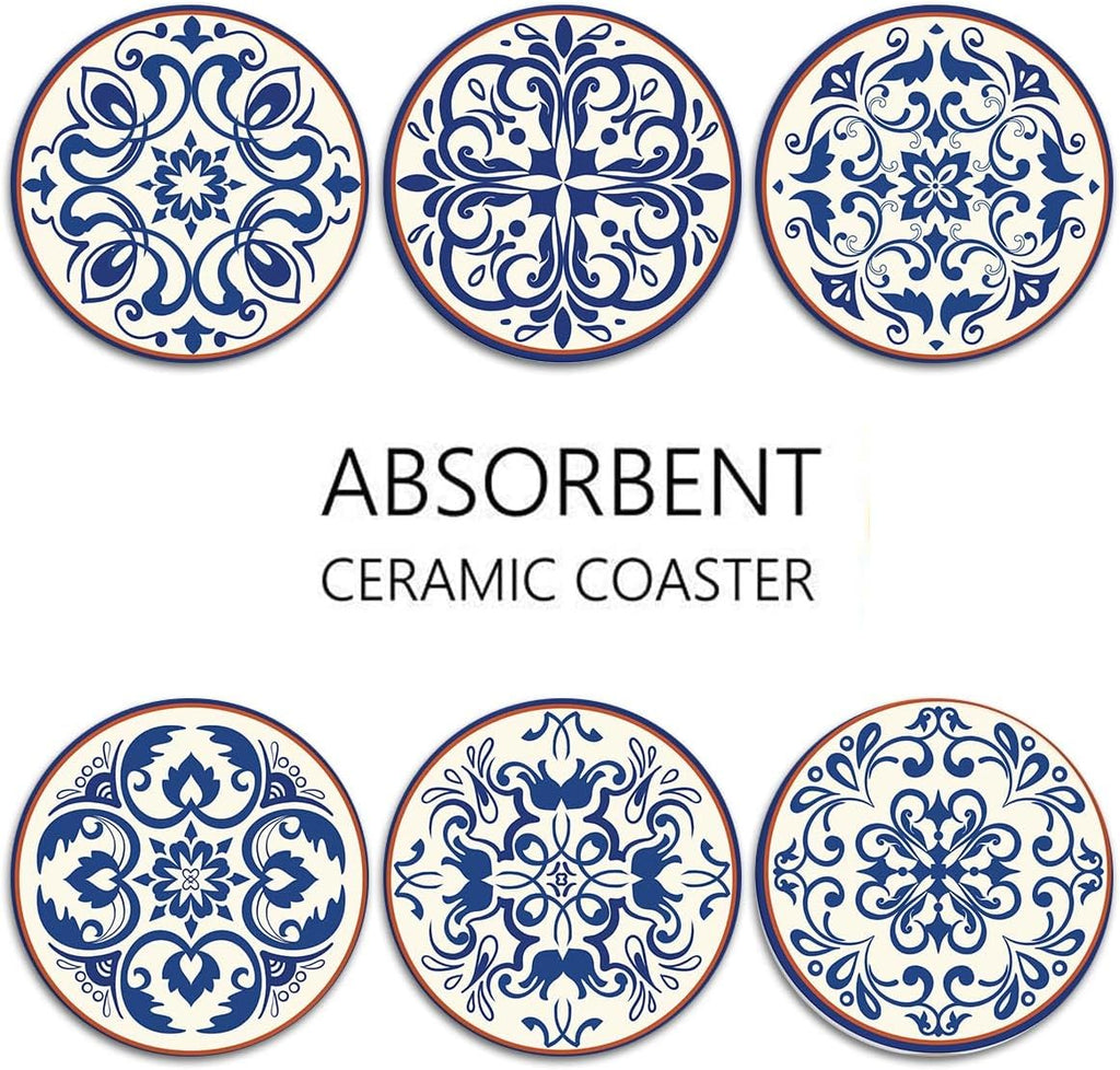 Coasters for Drinks, Set of 6, Ceramic Stone Vintage Blue