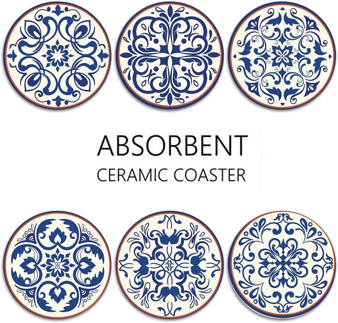 Coasters for Drinks, Set of 6, Ceramic Stone Vintage Blue