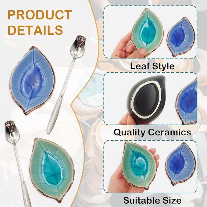 2 Pack Coffee Spoon and Leaf Rest Set, Ice Cracks Leaf Ladle Holder, Tea Spoon - Image 3