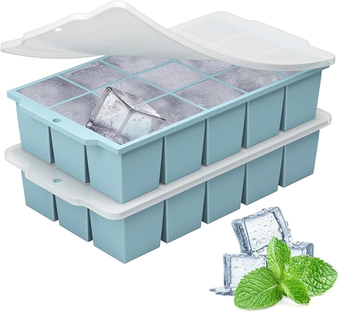 Silicone Ice Cube Tray with Locks Lids, Easy Release Flexible 15 Square Ice by MEIJO