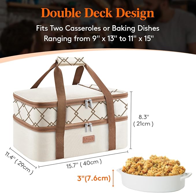 Lifewit Insulated Double Decker Casserole Carrier, Lasagna Lugger Holder - Image 2