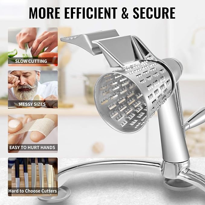 VEVOR Rotary Cheese Grater, Zinc Alloy Rotary Vegetable Mandoline, Manual - Image 6