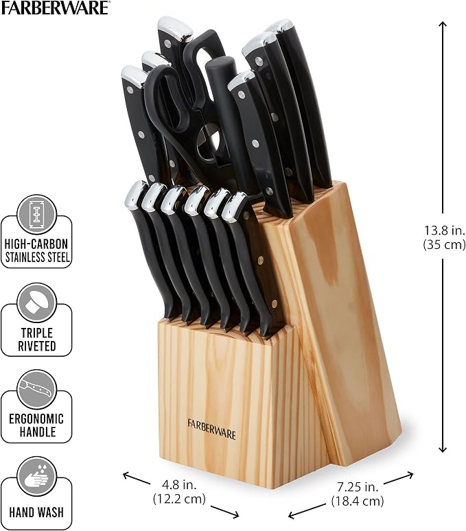 Farberware Triple Riveted Knife Block Set, High Carbon-Stainless Steel Blades - Image 4