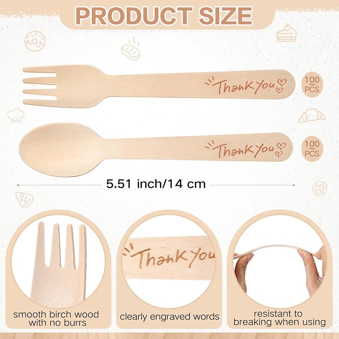 LemonRoad 200 Pcs Thank You Disposable Wooden Cutlery Set Bamboo Utensils 100 - Image 2