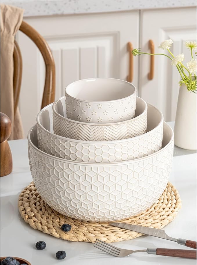 Ceramic Mixing Bowls, Embossed Nesting Bowls Set of 4, Mixing Bowl Set - Image 9