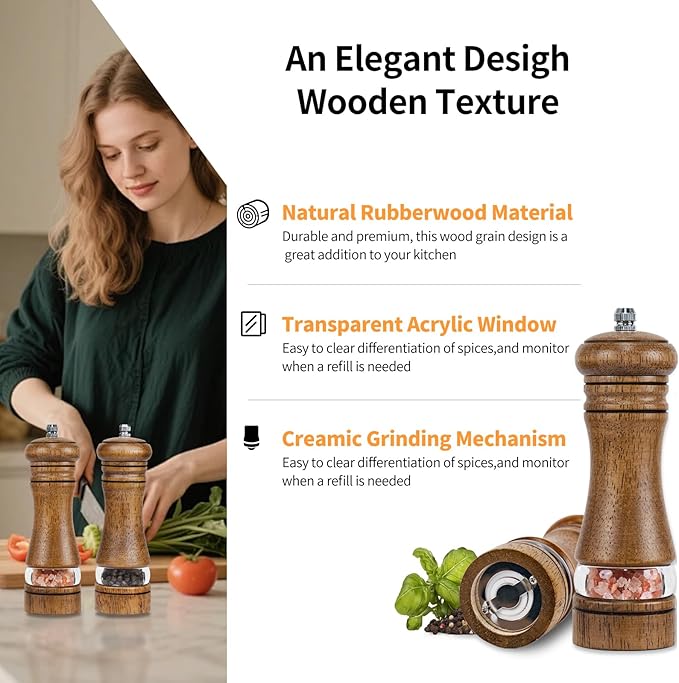 Haomacro Wood Salt and Pepper Grinder Mills Set, Classic Manual Pepper Grinder - Image 4