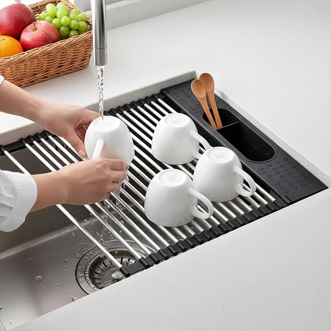 Roll Up Dish Drying Rack Over Sink, 17.5" x 15.2" Foldable SUS304 Stainless - Image 5