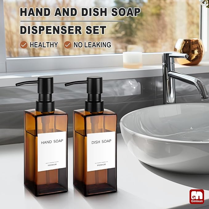 GMISUN Amber Glass Soap Dispenser, 2 Pack Hand Soap Dispenser Bathroom - Image 5