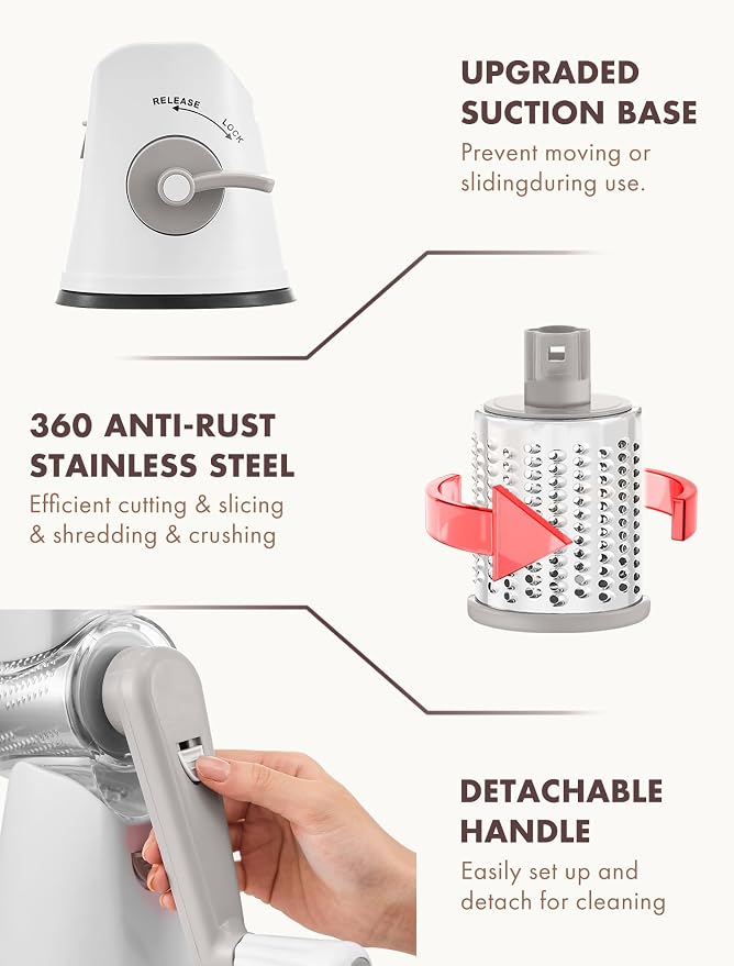 GDL Rotary Cheese Grater, Upgraded 5-in-1 Cheese Grater Hand Crank, Vegetable - Image 6
