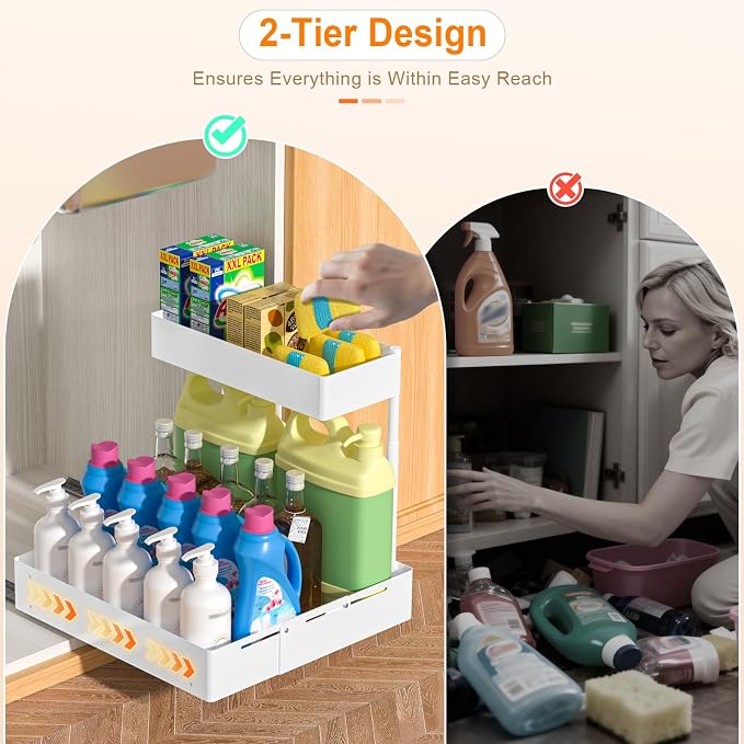 YJHome 2 Pack Expandable Under Sink Organizer, 2 Tier Pull Out Cabinet Organizer - Image 5