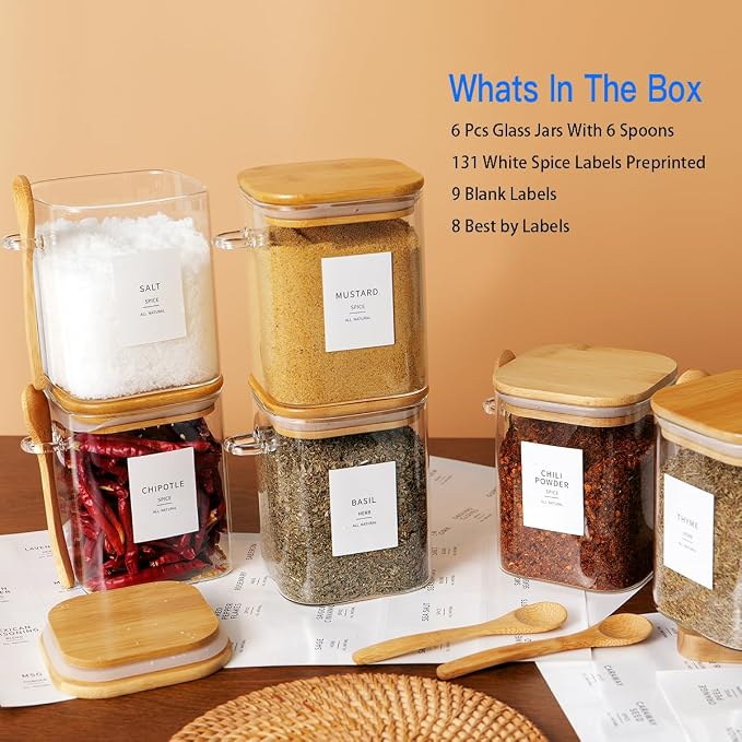 HHMJSM 6 Pcs Square Glass Jar - 27 oz Large Sugar Container with 148 Kitchen - Image 2