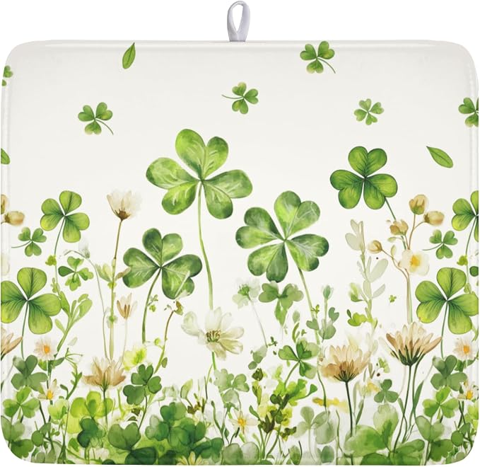St Patrick's Day Dish Drying Mat 16 x 18 Inch Green Clover Dish Drainer Rack by Unknown