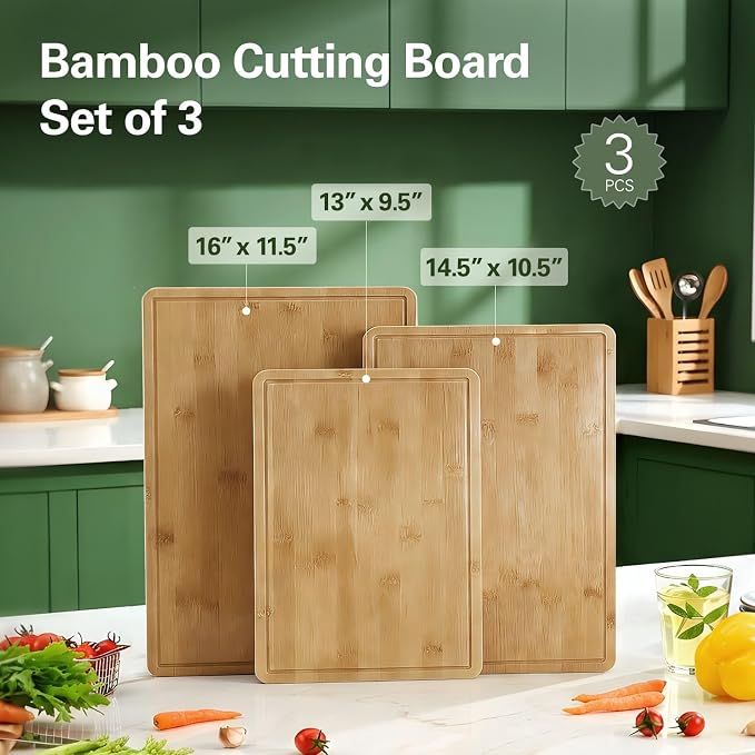 Zarler Bamboo Cutting Boards for Kitchen, 3 Piece Durable Wood Cutting Board - Image 5
