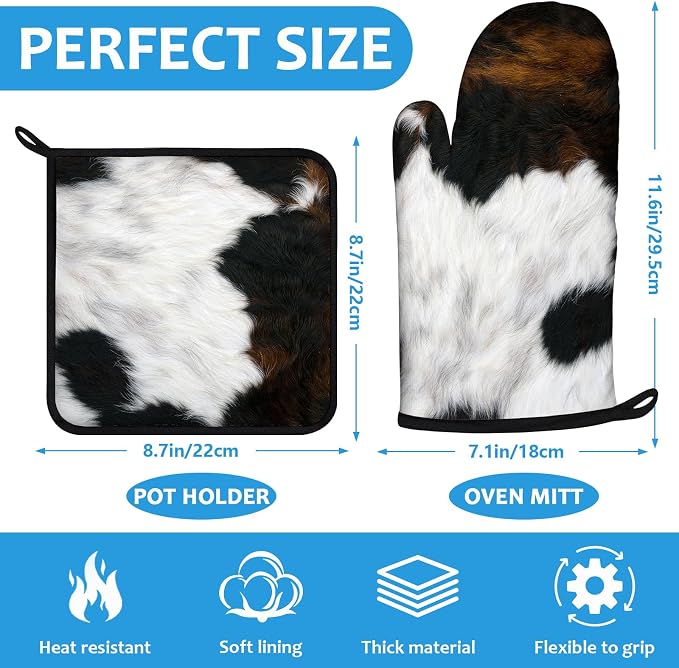 Brown Cowhide Oven Mitts and Pot Holders Sets Heat Resistant 4Pcs Potholders - Image 2
