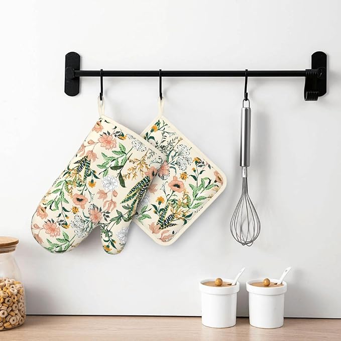 Floral Silicone Oven Mitts Pan Mats Set of 2, Heat Resistant Gloves Potholder - Image 6