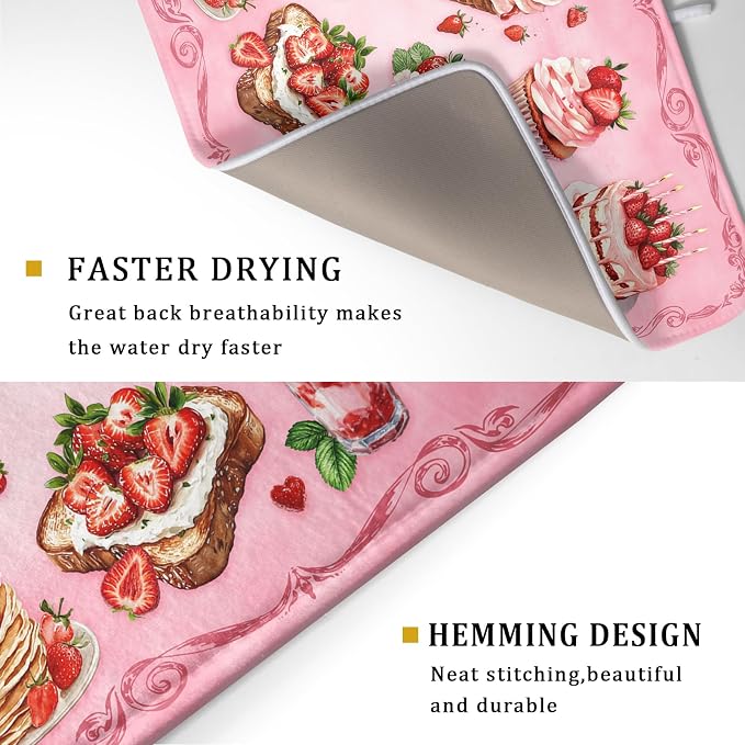 Strawberry Dish Drying Rack Mat Pink Absorbent Microfiber Dish Drying Mat - Image 3