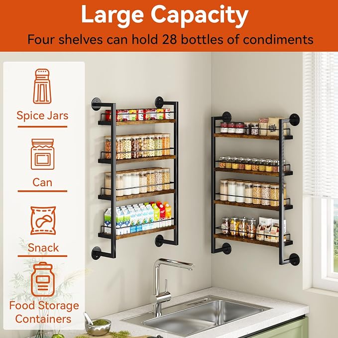 IBUYKE Spice Rack Wall Mount, 4 Tier Hanging Seasoning Organizer, Large Spice - Image 3