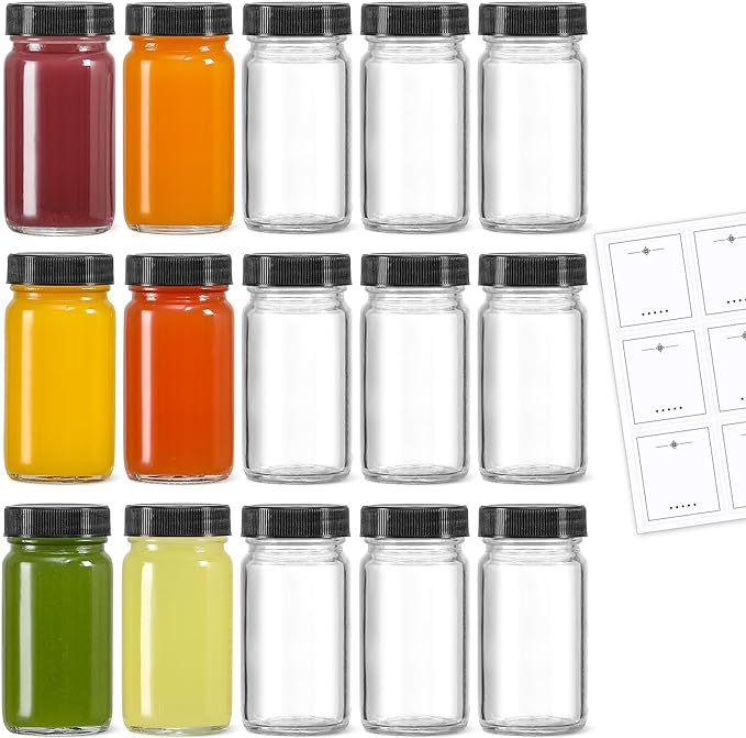 LANDNEOO 15 Pack 2 oz Glass Shot Mini Bottles w/Black Lids & 15 Labels by MakeLifeBetterEasier