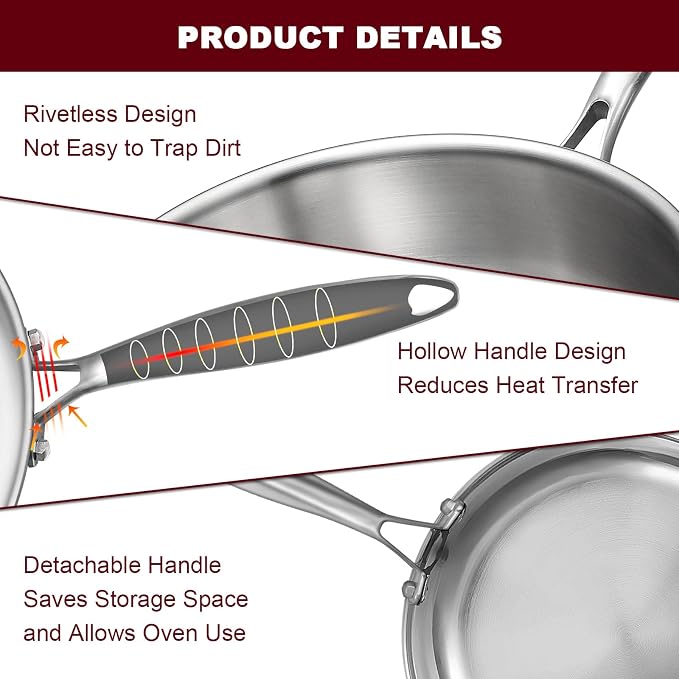 EWFEN 12 Inch Tri-Ply Stainless Steel Frying Pan, Compatible - Image 7