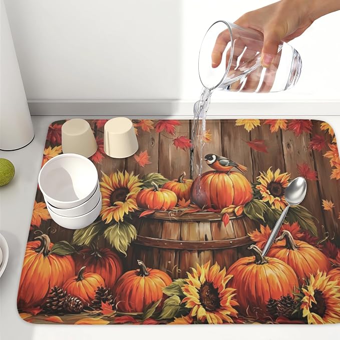 Fall Pumpkin Dish Drying Mat for Kitchen Counter Thanksgiving Autumn Harvest - Image 6