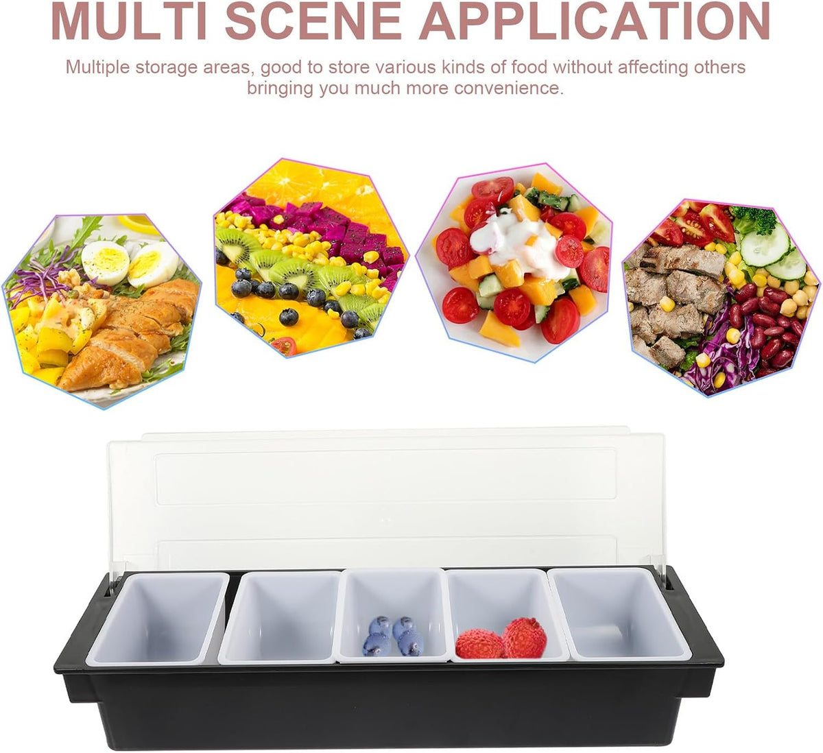 Five Compartment Snack Container Box with Lid, Black Plastic Fruit