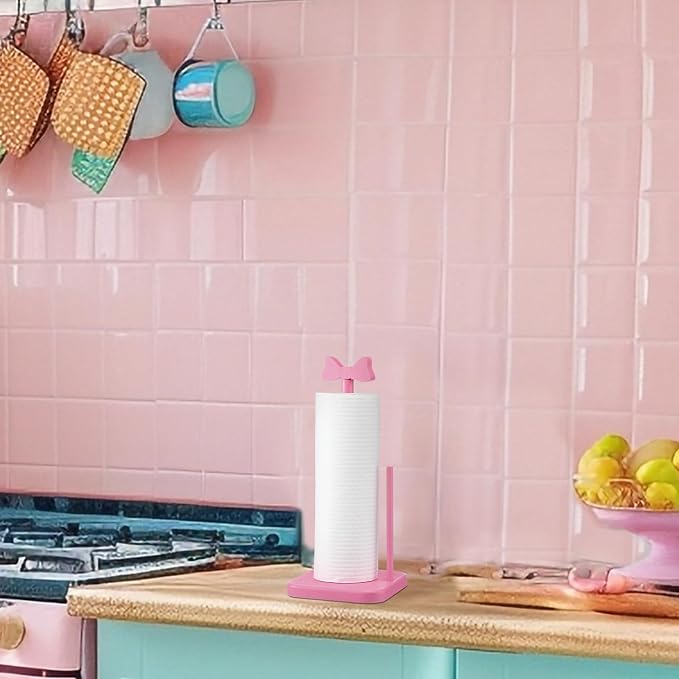 Leinuosen Pink Bow Paper Towel Holder Coquettish Cute Bow Wooden Paper Towel - Image 6