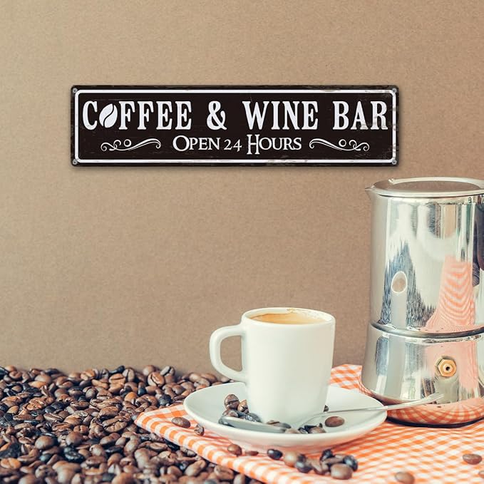 Coffee and Wine Bar Decor, Coffee & Wine Bar Open 24 Hours Sign, Retro Metal - Image 6