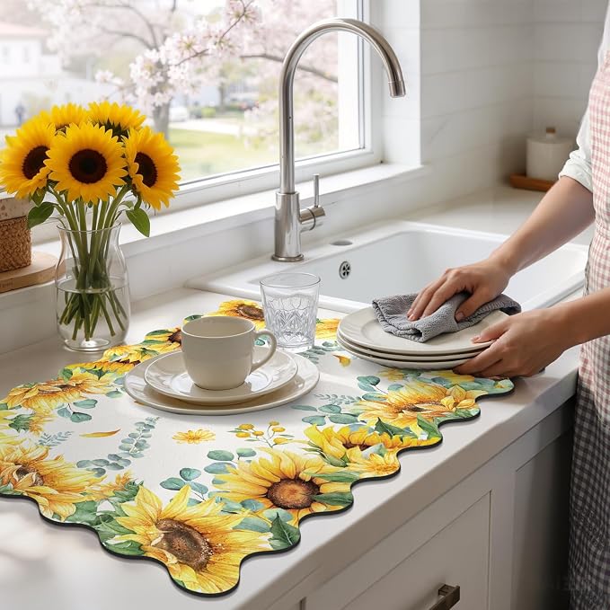 LOKHOM Scalloped Floral Dish Drying Mat, Cuttable Hide Stain Non-slip Drying Mat - Image 8