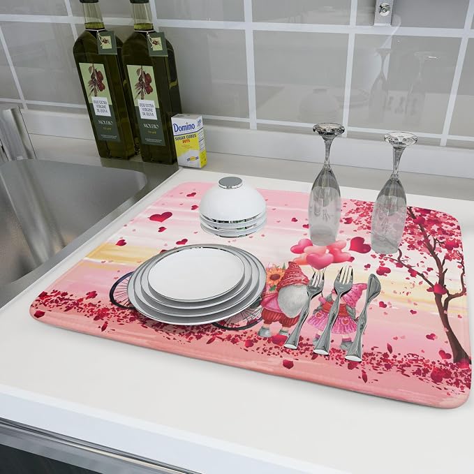Pink Heart Valentine's Day Gnomes Dish Drying Mat - Image 6
