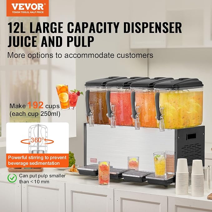 VEVOR Commercial Beverage Dispenser, 4 Tanks 12 L / 12.7 QT Per Tank Juice - Image 2