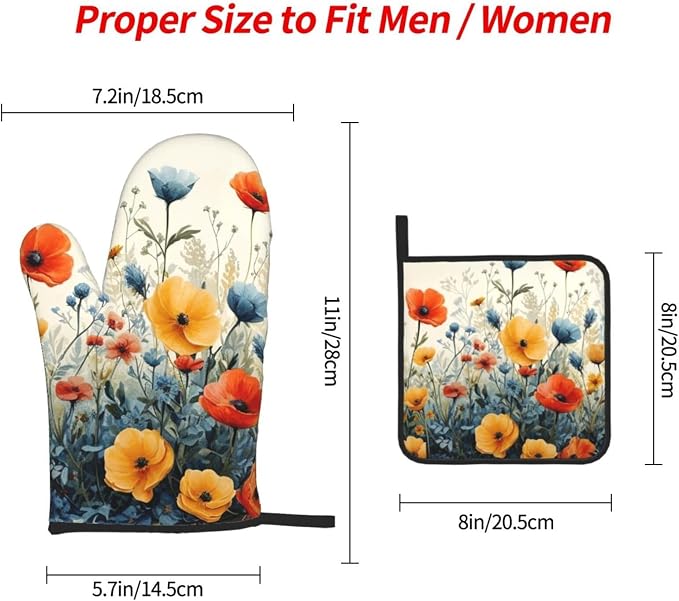 Colorful Wildflower Oven Mitts and Pot Holders Set of 3, Heat Resistant Non - Image 4