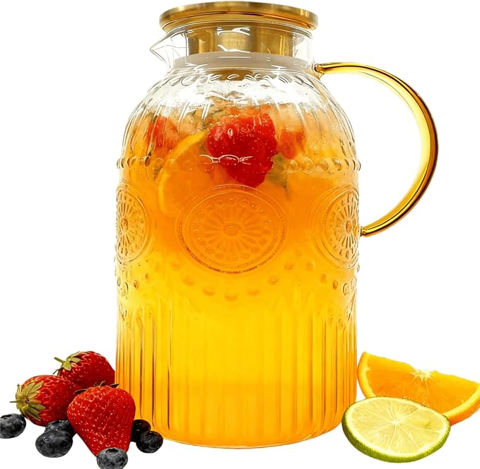 Amzcku Glass Pitcher with Lid, 1 Gallon/128 oz Vintage Water Pitcher, Water by Amzcku