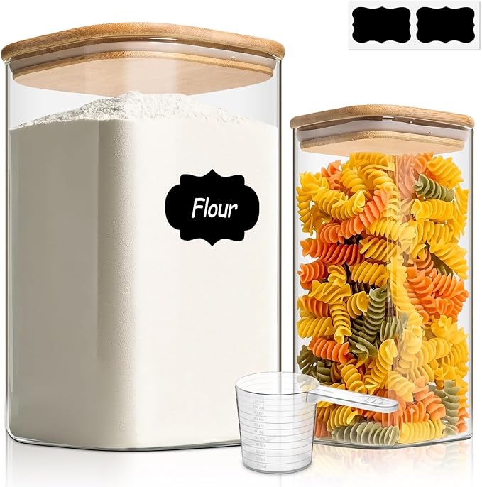 ComSaf Glass Pantry Storage Containers, 4.6Qt/1.6Qt Large Square Flour and by ComSaf