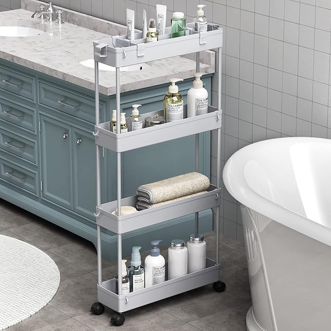SPACELEAD Slim Storage Cart 4 Tier, Bathroom Organizer Rolling Utility by Home