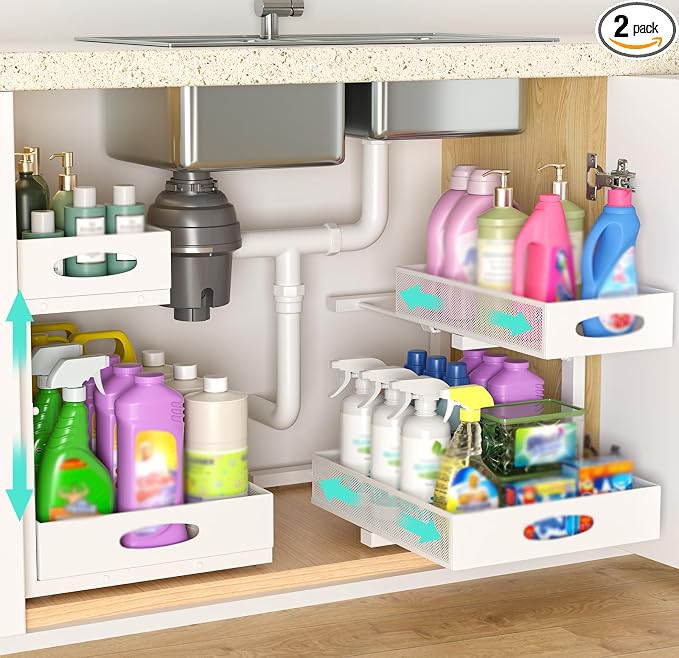Under Sink Organizer, Extra-Wide Upgrade, 2 Pack 2 Tier Metal Slide Out Cabinet by Beleeb