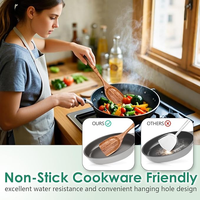 HOWHONG Wooden Spoons for Cooking, Teak Wood Kitchen Utensil Set, Premium - Image 4