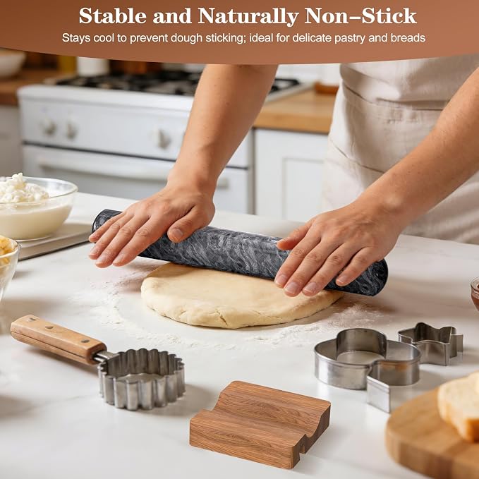 Marble Rolling Pin with Wooden Stand, FiiMan 12 Inch Heavy Rolling Pin - Image 2